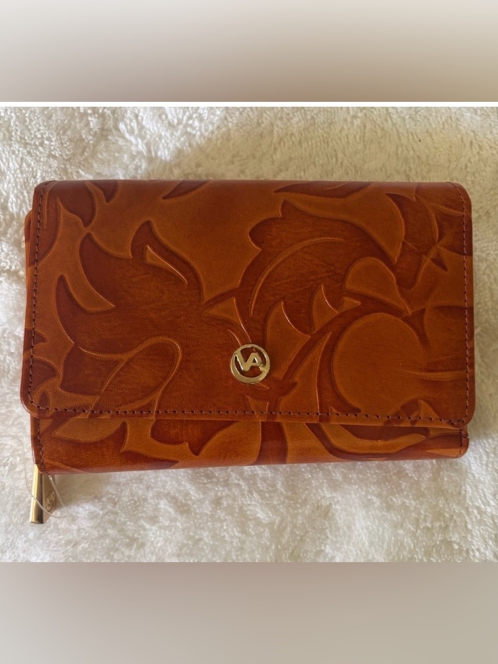 Valentina brown Genuine Leather Floral Leaf  Wallet Made In Italy